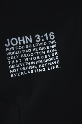 White text on black shows John 3:16, reminding us of God's love and everlasting life. The Jesus Saves Hoodie by 13th is perfect inspiration for any faith apparel or Christian hoodie collection.