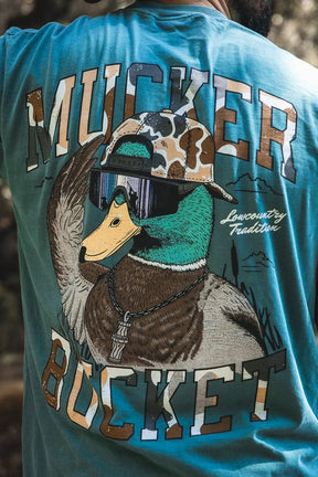 Blue t-shirt with duck graphic and text 'Mucker Bucket' on the back.