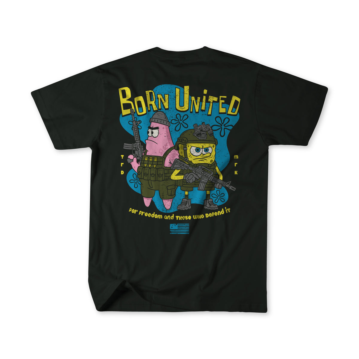 The Youth Under the Sea Operations tee by Born United Private Label showcases cartoon characters in military gear, with "Born United" above and a small American flag below—a perfect t-shirt for kids who honor freedom and its defenders.