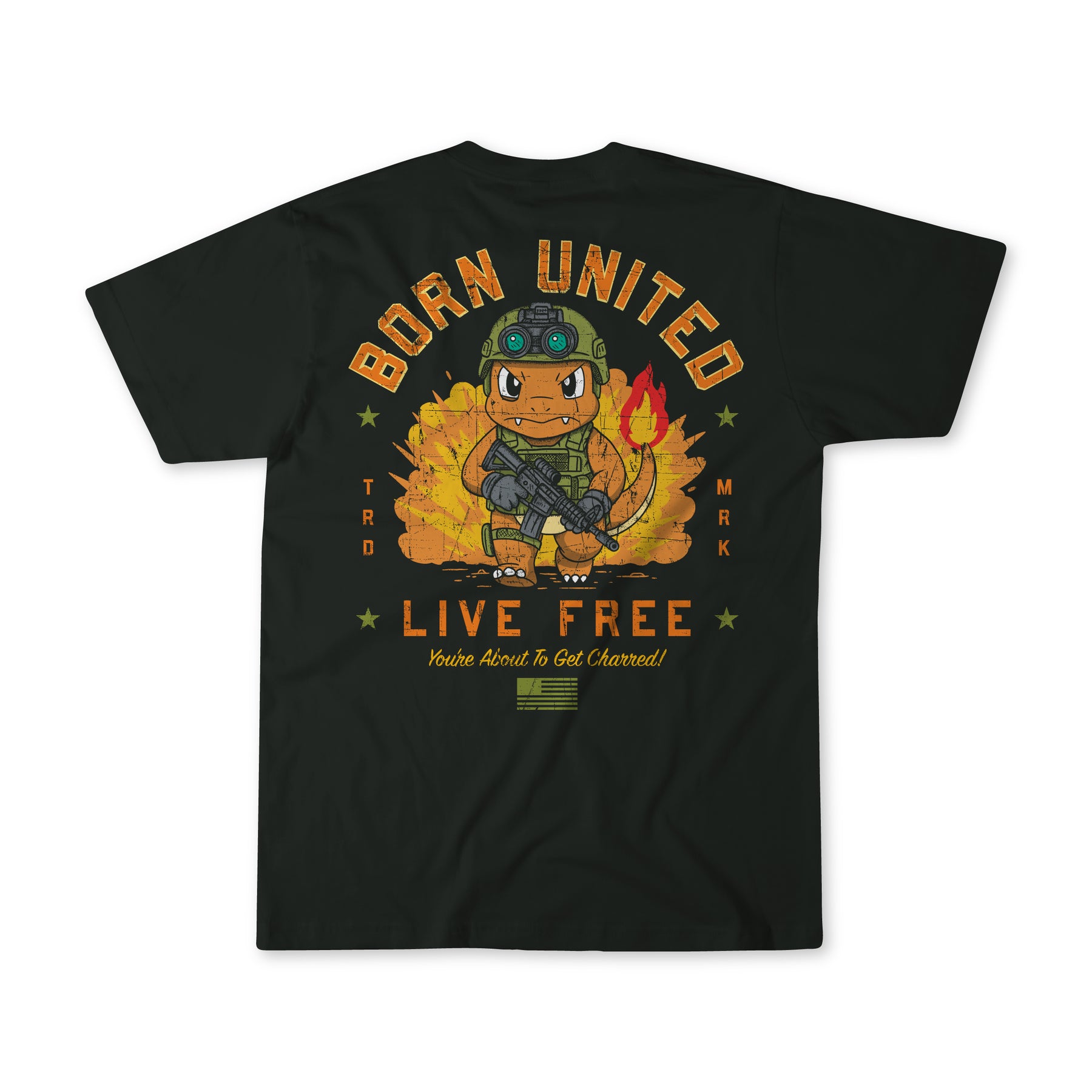 The Born United Private Label Youth Tac-Mander black t-shirt features a cartoon soldier sitting by a campfire, with “Born United Live Free You’re About to Get Charred” printed on the back in bold yellow-orange letters—perfect for fans of unique Pokémon-inspired style.