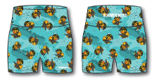 Women's High-Waisted Seamless Front Compression Training Shorts by Born United Private Label, shown front and back. These Tacti-Quack shorts feature a blue base with a cartoon bee pattern and brand name in white text on each side.