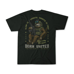 The "Tactically Delayed" tee by Born United Private Label features a sloth in tactical gear with a rifle and phrases like “Slow is smooth, smooth is fast” and “Tactically Delayed” printed around the graphic.
