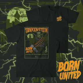 The Tankenstein black T-shirt by Born United Private Label features a Frankenstein-inspired monster in military gear with the text “Born United, Created for Maximum Lethality,” plus lightning and haunted houses—a collectible Halloween exclusive.