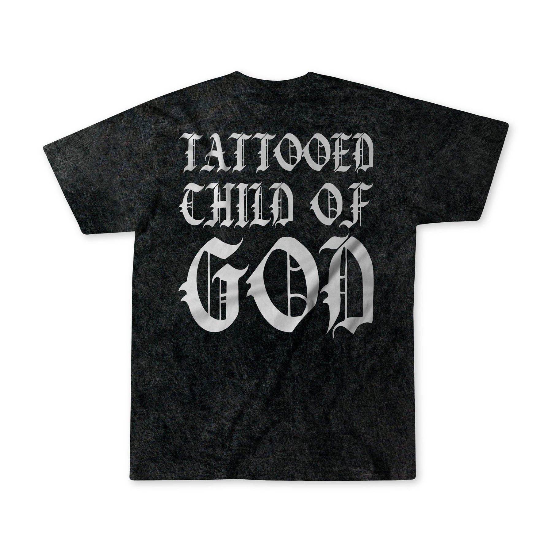 The Tattooed Child of God Premium Mineral Wash T-Shirt by Relentless Betrayal features a black marbled look and bold gothic-style white back text—Tattooed Child of God—a standout piece of Christian apparel.