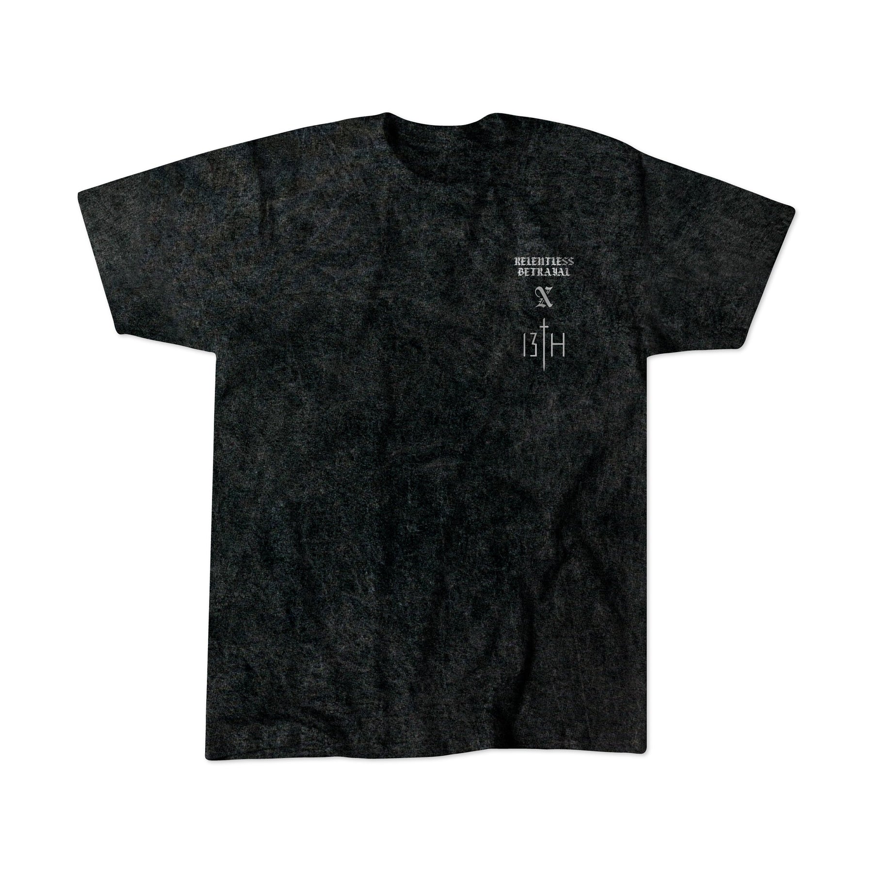A black, short-sleeved Tattooed Child of God Premium Mineral Wash T-Shirt by Relentless Betrayal features subtle textures and bold Christian graphics, laid flat on a white background.