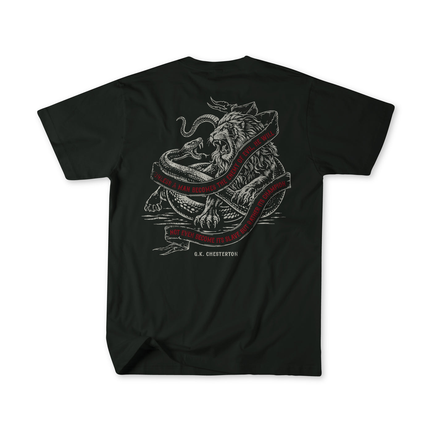 The Last Stand by Born United Private Label: a limited edition black tee with a lion fighting a serpent and a red G.K. Chesterton quote ribbon on the back, made for The Last Stand Festival. Laid flat to highlight the bold design.