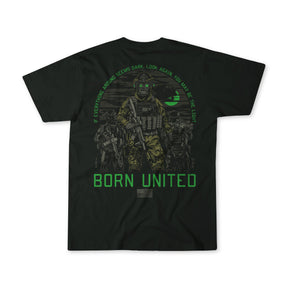 The Born United Private Label "You May Be The Light" tee is a black 60/40 blend, with three armed soldiers in tactical gear and night vision goggles. Green text above: "If everything around seems dark, look again, you may be the light." Below: BORN UNITED.