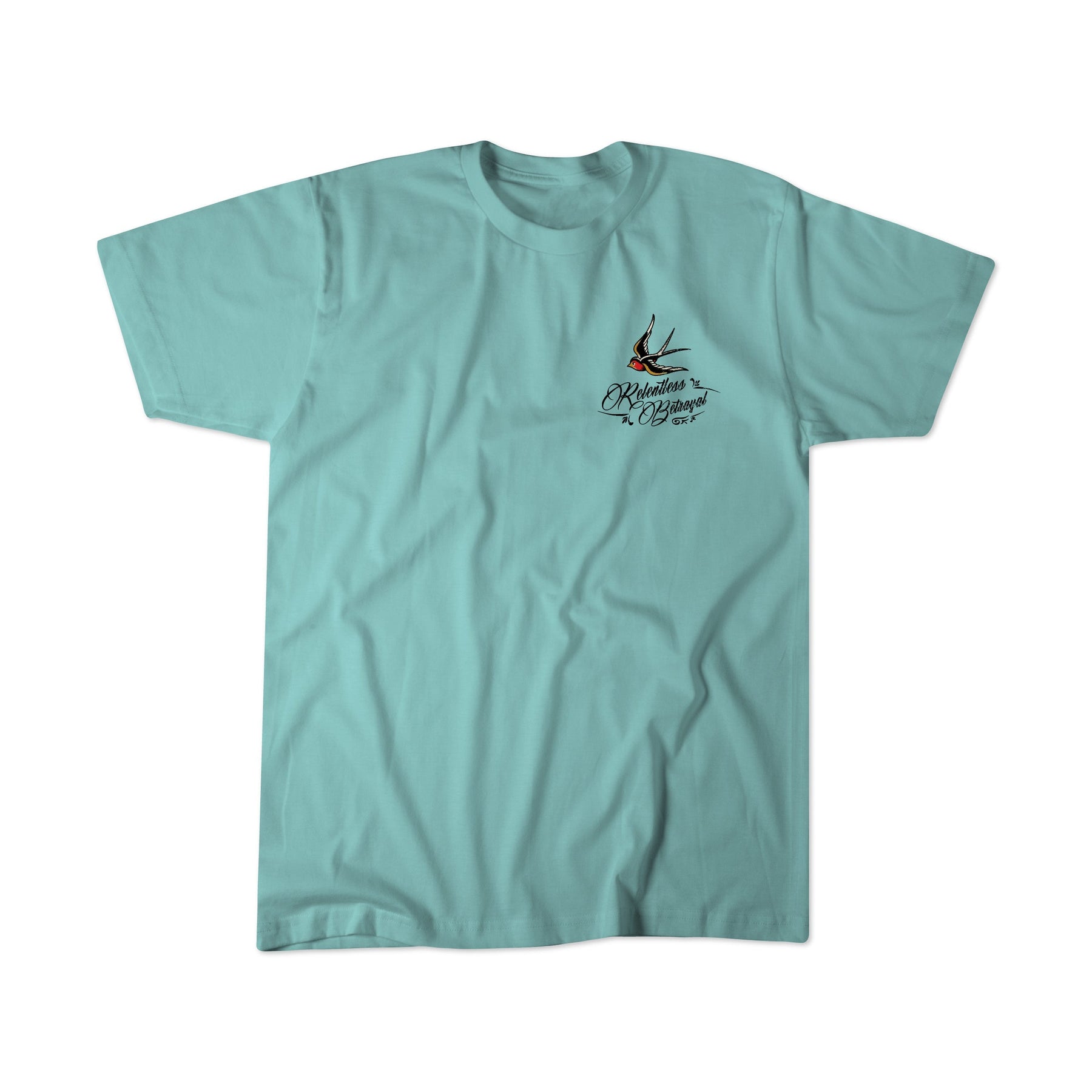 The To The Ends Of The Earth Premium T-Shirt by Relentless Betrayal is a light blue unisex tee crafted from 100% fine jersey cotton. It features a small bird graphic and cursive “Relative Outsider” text on the upper left chest, shown laid flat against a white background.