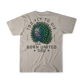 Show off your unique style with the Born United Private Label "Too Fly To Die" t-shirt, featuring a striking design of a peacock with a human body surrounded by bold phrases: Too Fly To Die, Fancy Force, Born United, and Camouflaging is for Cowards—perfect for those who refuse to blend in.