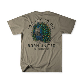 Khaki t-shirt from Born United Private Label, featuring a colorful peacock graphic and the "Too Fly To Die" design with the phrases "BORN UNITED" and "FANCY FORCE" printed on the back.