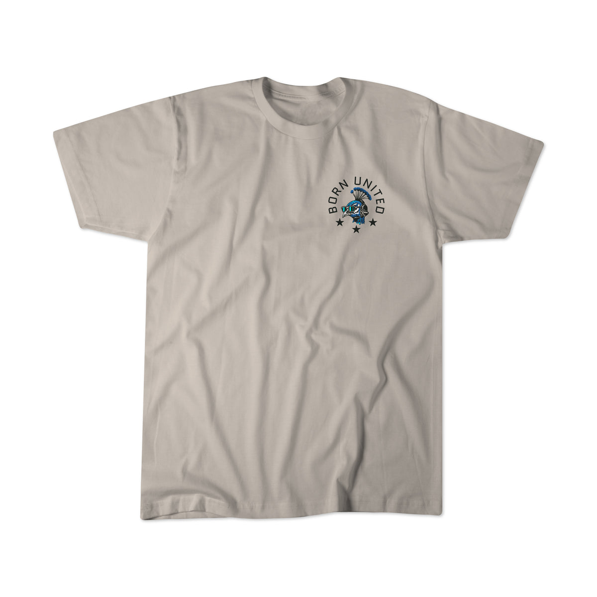 Light gray short-sleeve "Too Fly To Die" T-shirt from Born United Private Label, featuring a small Born United graphic with three stars and a bold blue Fancy Force illustration on the left chest, displayed on a plain white background.