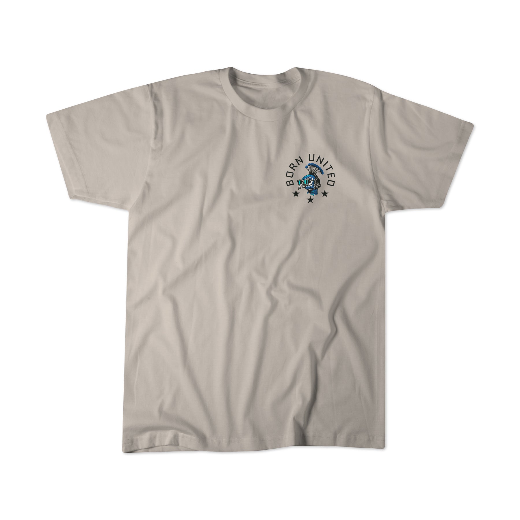 Light gray short-sleeve "Too Fly To Die" T-shirt from Born United Private Label, featuring a small Born United graphic with three stars and a bold blue Fancy Force illustration on the left chest, displayed on a plain white background.