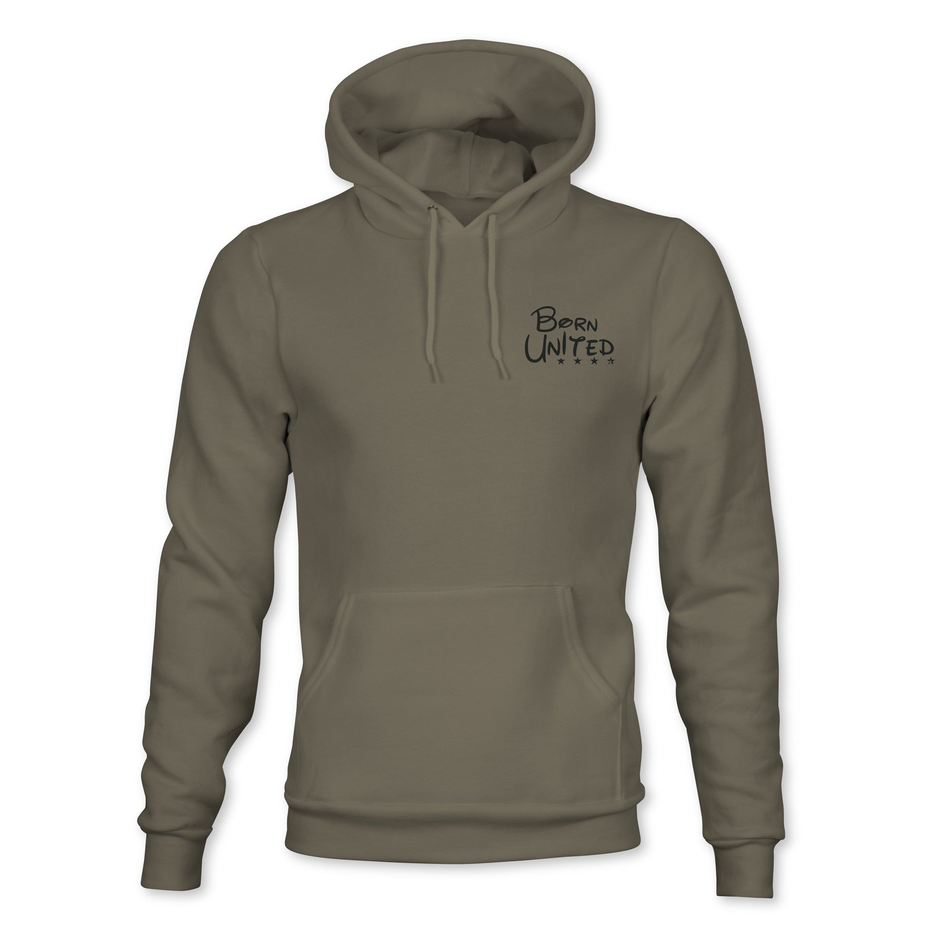 The Triggered Hoodie by Born United Private Label is an olive green hoodie with a front pocket and drawstrings, featuring a small black BORN UNITED logo on the left chest. Displayed against a plain white background.