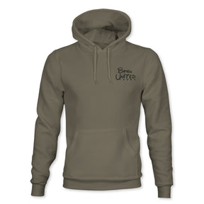 The Triggered Hoodie by Born United Private Label is an olive green hoodie with a front pocket and drawstrings, featuring a small black BORN UNITED logo on the left chest. Displayed against a plain white background.