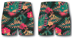 Two pairs of Tango Charlie Apparel's Women's High-Waisted Seamless Front Compression Training Shorts | Tropical Assassin, featuring a black base with vibrant green, yellow, and red tropical floral patterns of large leaves and hibiscus flowers.