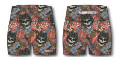 The Born United Private Label Women's High-Waisted Seamless Front Compression Training Shorts | Tropical Chaos feature a vibrant tropical skull, flowers, and leaves pattern with RUNHUNTED on the waistband for a bold, active look.