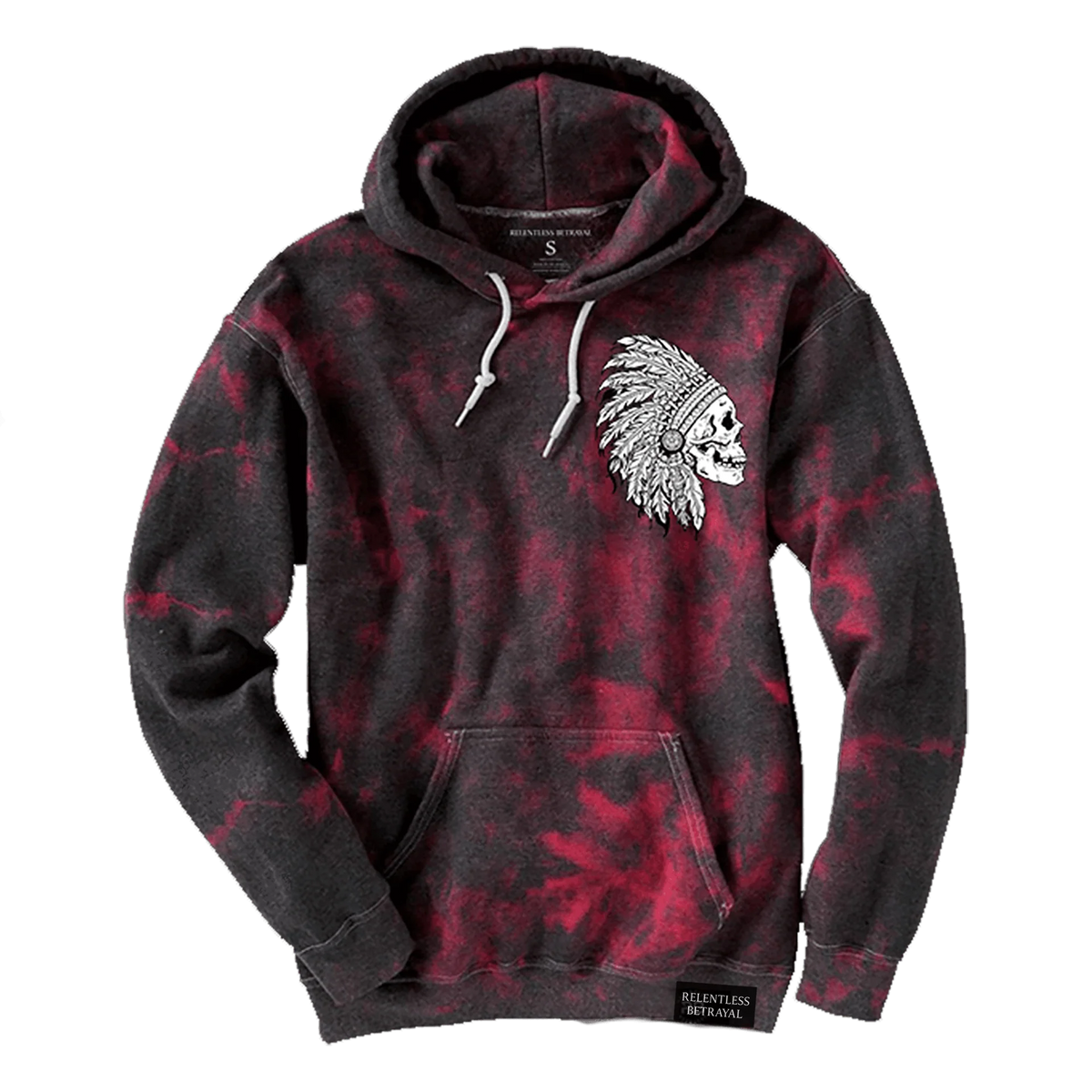 The Youth Trustless Chief Tie Dye Hoodie by Relentless Betrayal features black and red tie-dye, a white Native American chief head graphic on the left chest, white drawstrings, a front pocket, and a branded label near the hem.