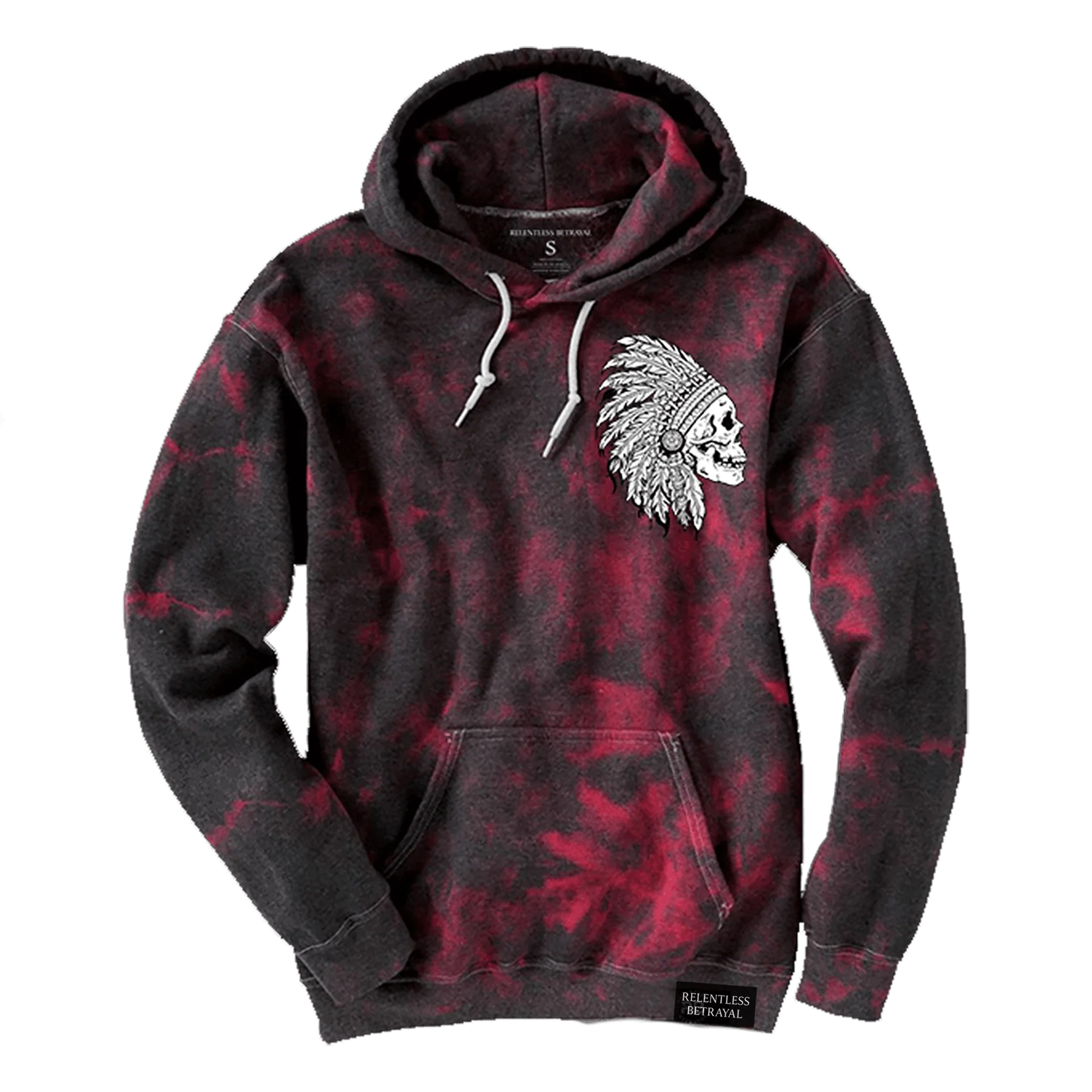 The Youth Trustless Chief Tie Dye Hoodie by Relentless Betrayal features black and red tie-dye, a white Native American chief head graphic on the left chest, white drawstrings, a front pocket, and a branded label near the hem.