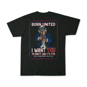 The Born United Patriot Box from Born United Private Label includes a black tee with Uncle Sam back graphic, 'BORN UNITED' above, 'I WANT YOU TO PARTY LIKE ITS 1776' below. Limited Edition—celebrating 250 years of defending freedom.