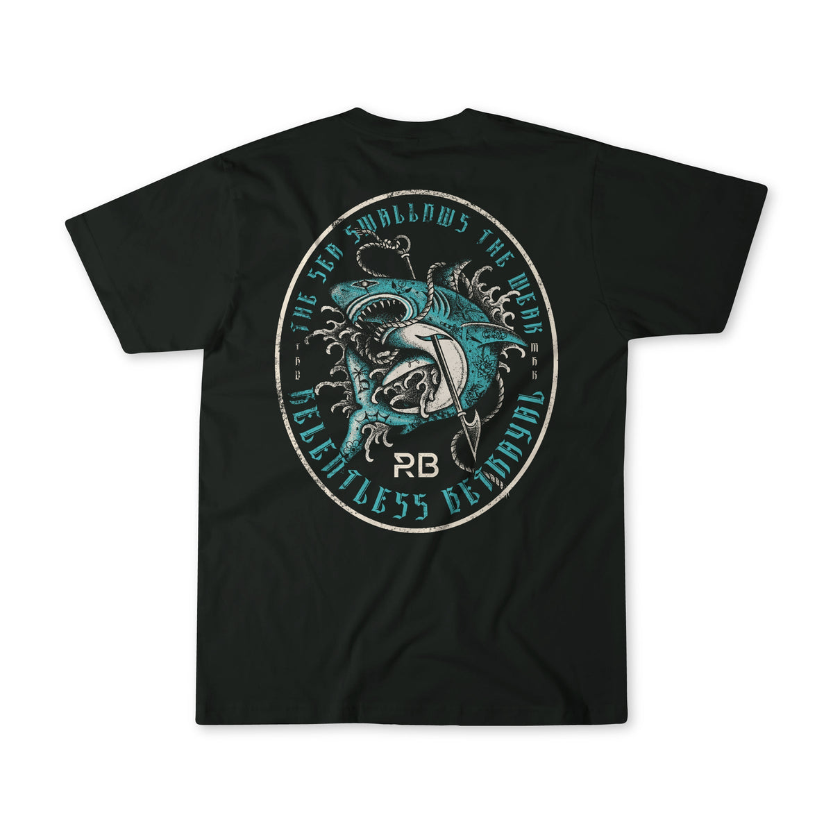 The Sea Swallows The Weak T-Shirt by Relentless Betrayal is a black unisex tee with a bold shark and anchor design and inspiring text on the back. Made from 100% cotton for comfort.