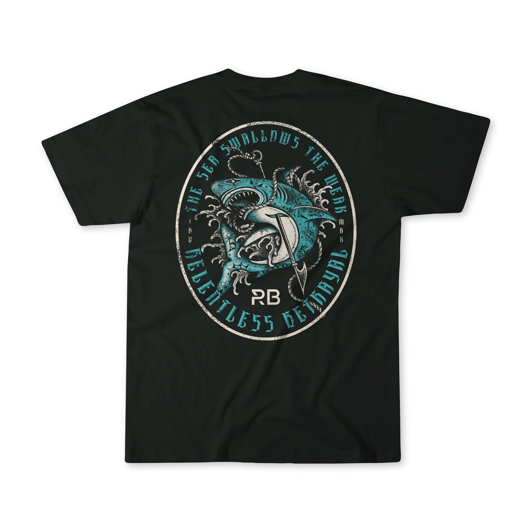 The Sea Swallows The Weak T-Shirt by Relentless Betrayal is a black unisex tee with a bold shark and anchor design and inspiring text on the back. Made from 100% cotton for comfort.
