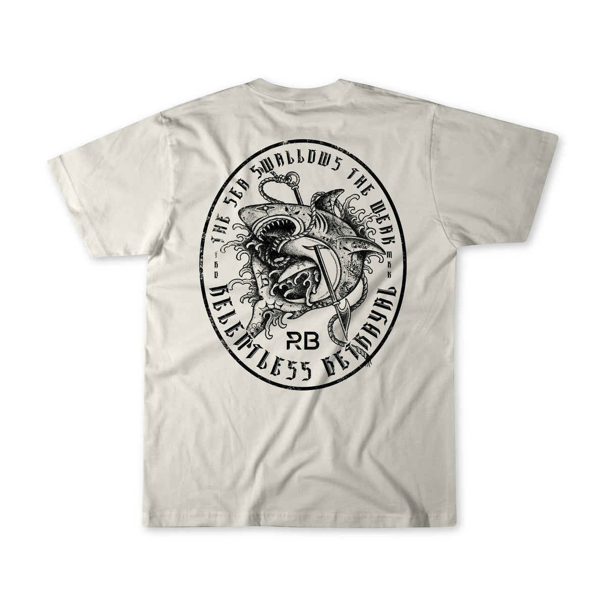 The Sea Swallows The Weak White T-Shirt by Relentless Betrayal showcases a sea serpent and anchor design with the quote “The sea swallows the weak. Relentless be always.” Crafted from fine jersey cotton for comfort and style.