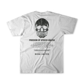 Showcase your individuality with the Freedom of Speech - White T-shirt by Born United Private Label, featuring a bold black skull graphic with FREEDOM text across the mouth and the powerful message “FREEDOM OF SPEECH UNLESS,” finished with small details and BORN UNITED at the hem—a striking statement piece that inspires dialogue on freedom of speech and unity.