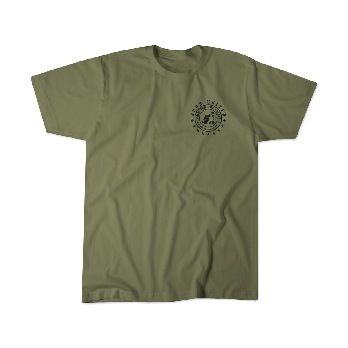 The Walk for the Fallen 25 by Born United Private Label is an olive green short-sleeve t-shirt with a small, round black Brock United graphic and star emblem on the left chest, shown against a plain white background.