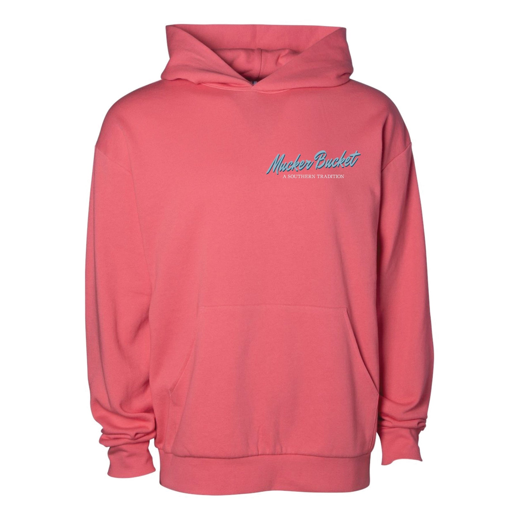 Pink premium relaxed fit The Waterfowler Premium Hoodie with a front kangaroo pocket and the text Mucker Bucket A SOUTHERN TRADITION printed on the chest.