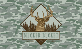 The Mucker Bucket White Tail Camo Flag features a deer head in front of pine trees on a camo background with a diamond frame. Made from durable polyester with metal grommets, it measures 5x3 ft and displays “Mucker Bucket” and “Southern Tradition.”.
