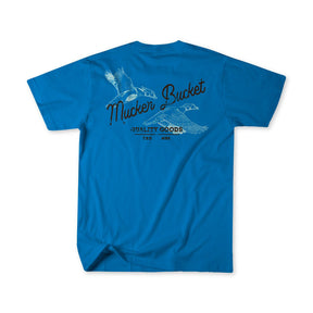 The Wood Ducks Premium Blue Tee by Mucker Bucket features Mucker Bucket on the back above flying ducks artwork and Quality Goods beneath, all in black and white. Made from premium cotton for comfort and durability.