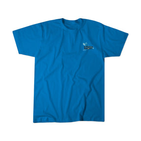 The Mucker Bucket Wood Ducks Premium Blue Tee is a relaxed fit shirt in bright blue, made from premium cotton with a small graphic and Mother Trucker text on the left chest. Garment dyed and shown laid flat on a white background.