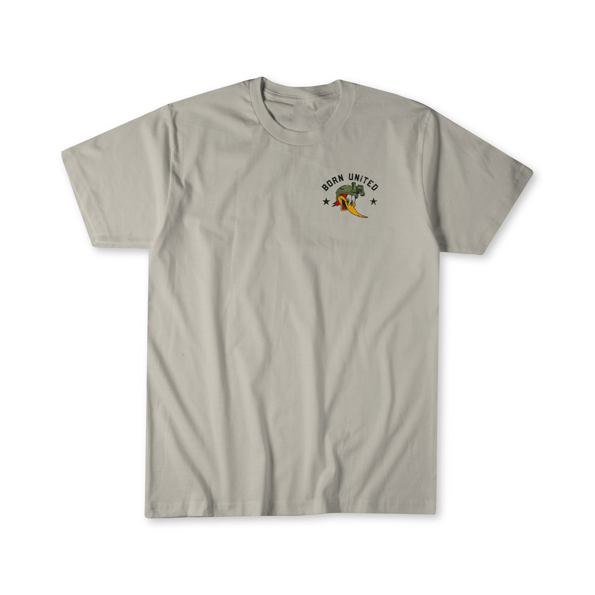 The Last Laughs Club Tee by Born United Private Label is a light gray shirt with a small colorful lizard graphic and "Born United" plus two stars on the upper left chest—perfect for Last Laughs Club fans.