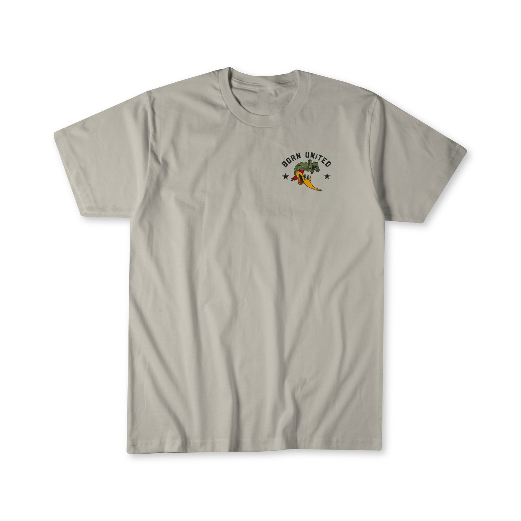 The Last Laughs Club Tee by Born United Private Label is a light gray shirt with a small colorful lizard graphic and "Born United" plus two stars on the upper left chest—perfect for Last Laughs Club fans.