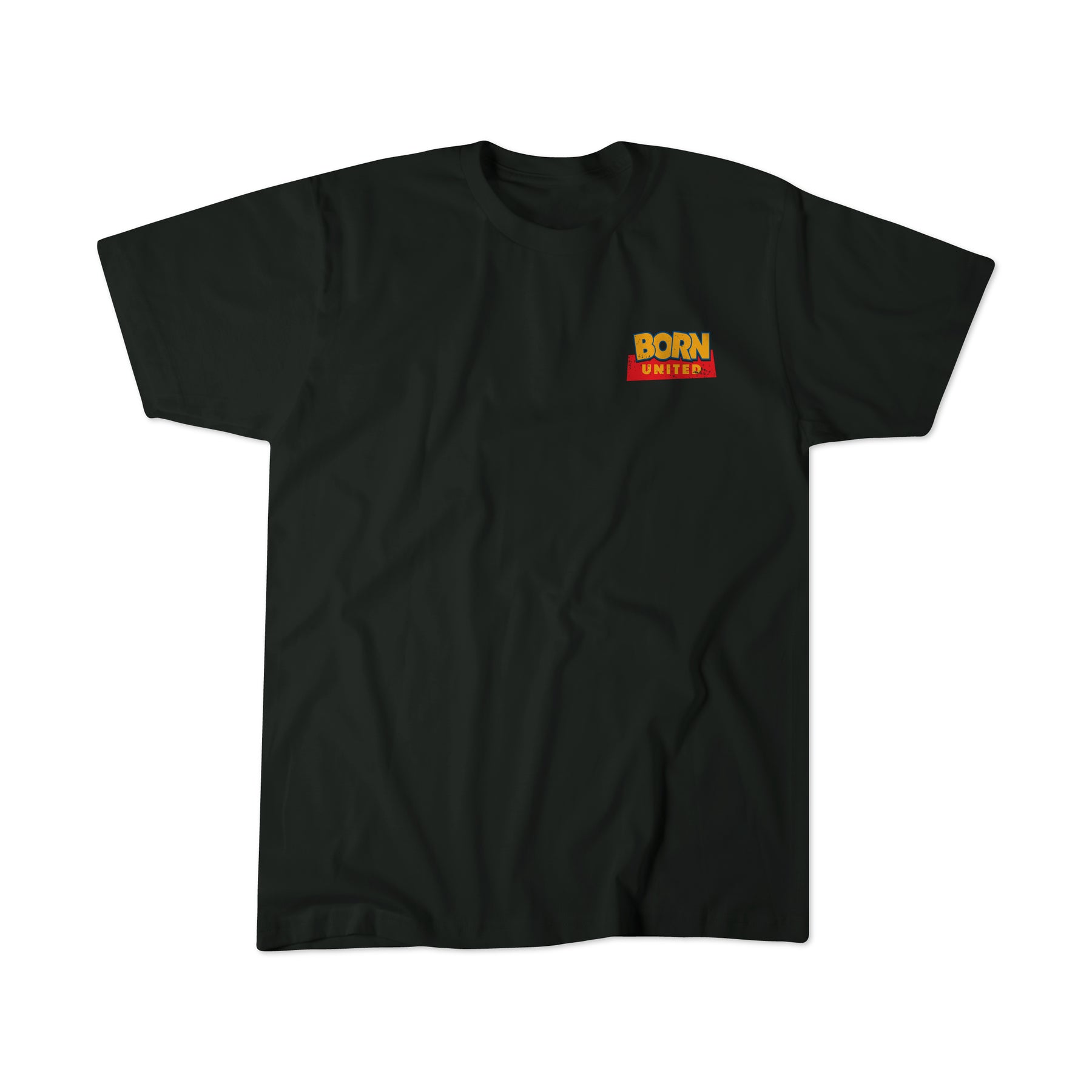 The Youth Buzz N' Woody T-shirt by Born United Private Label features a small "BORN UNITED" graphic in bold yellow and red on the left chest, with short sleeves and a classic crew neckline.