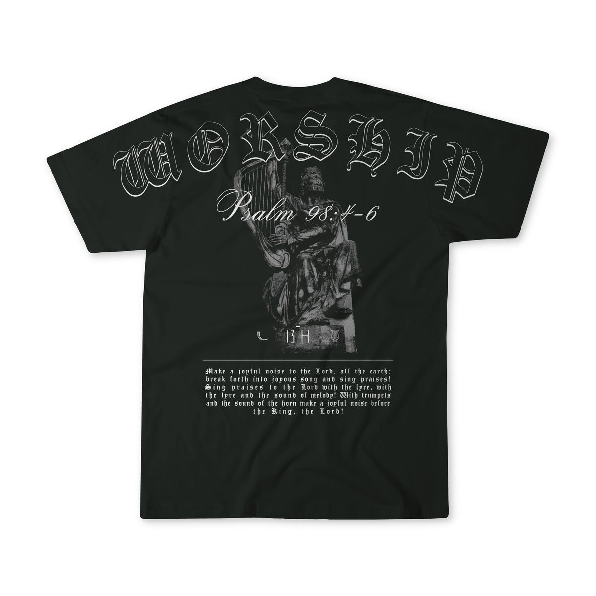 The 13th Unwavering Worship - Premium Oversized Tee features “WORSHIP” in bold Old English font, a striking shofar image, and “Psalm 98:4-6” scripture on the back. Made from premium cotton for lasting comfort.