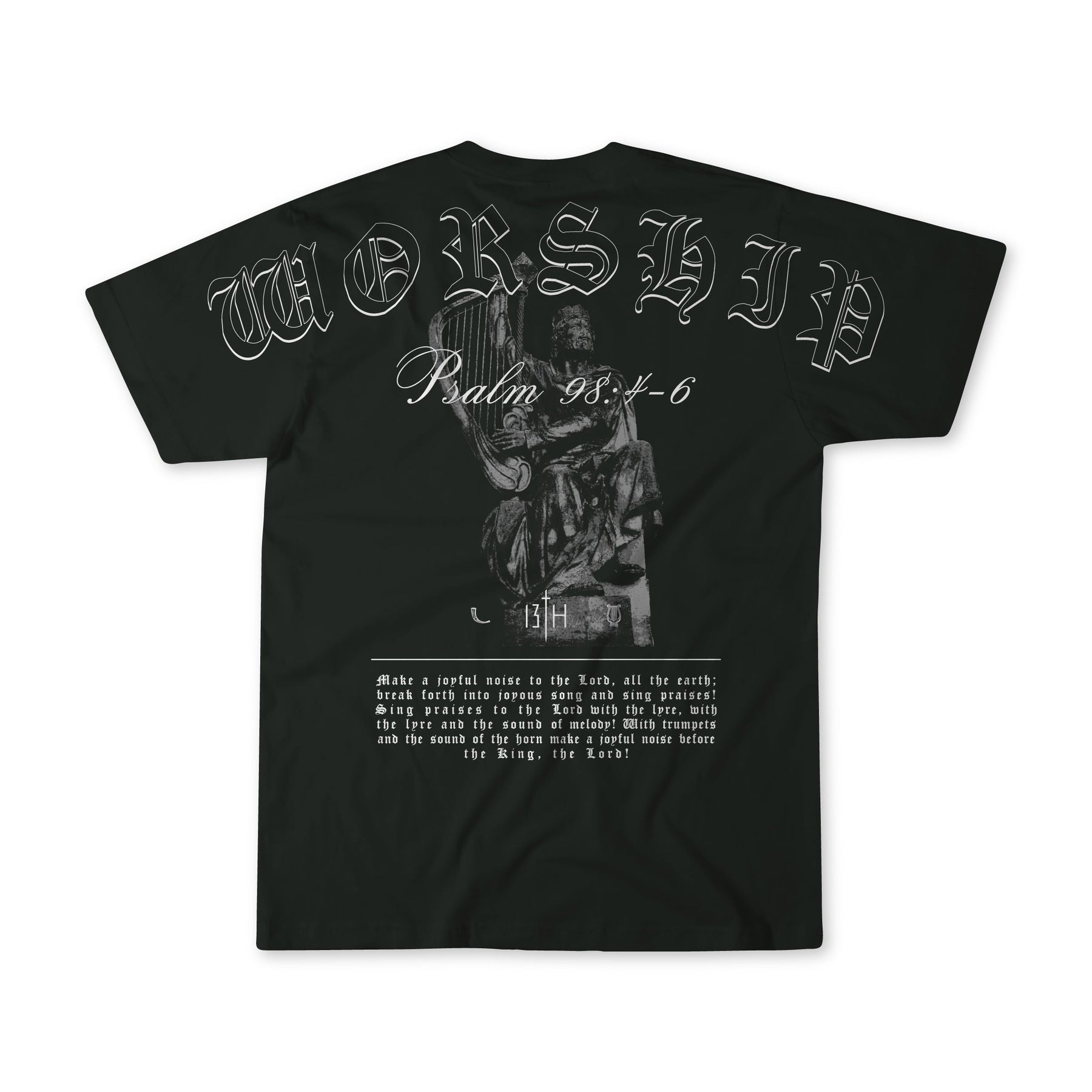 The 13th Unwavering Worship - Premium Oversized Tee features “WORSHIP” in bold Old English font, a striking shofar image, and “Psalm 98:4-6” scripture on the back. Made from premium cotton for lasting comfort.