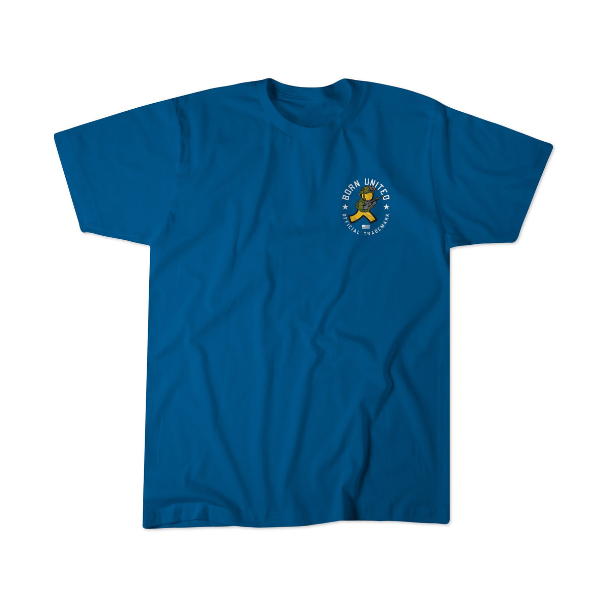 A blue short-sleeve Youve Got Ammo! T-shirt from Born United Private Label with a small left chest logo showing a yellow bear in a green sweater and the text BSDN United and Since Twenty 23.
