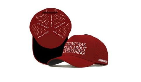 The Born United Premium Snapback - Trump Was Right by Born United Private Label is a red cap with “TRUMP WAS RIGHT ABOUT EVERYTHING!” on the front, “SAVAGE UNITED” on the side, and repeating text under the brim.