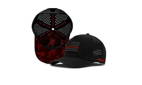 The Born United Premium Flag Snapback - TRL by Born United Private Label is a black mesh trucker hat with a black American flag patch, a red camo brim underside, and red side embroidery. One hat faces forward, the other shows the underside.
