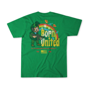 The “Feelin' Lucky” green tee from Born United Private Label features a cartoon soldier, rainbow, shamrocks, gold coins, bold “Born United” text, a yellow flag, YBD MILR detail, and “For freedom and those who defend it”—perfect for St. Patrick’s Day streetwear.
