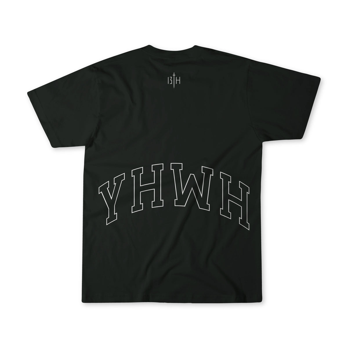 The YHWH - Premium Oversized Tee by 13th features large outlined YHWH lettering on the back, a small 13TH logo near the neck, and is crafted from premium cotton for comfort and bold, faith-inspired style drawn from Psalm 98:4-6.