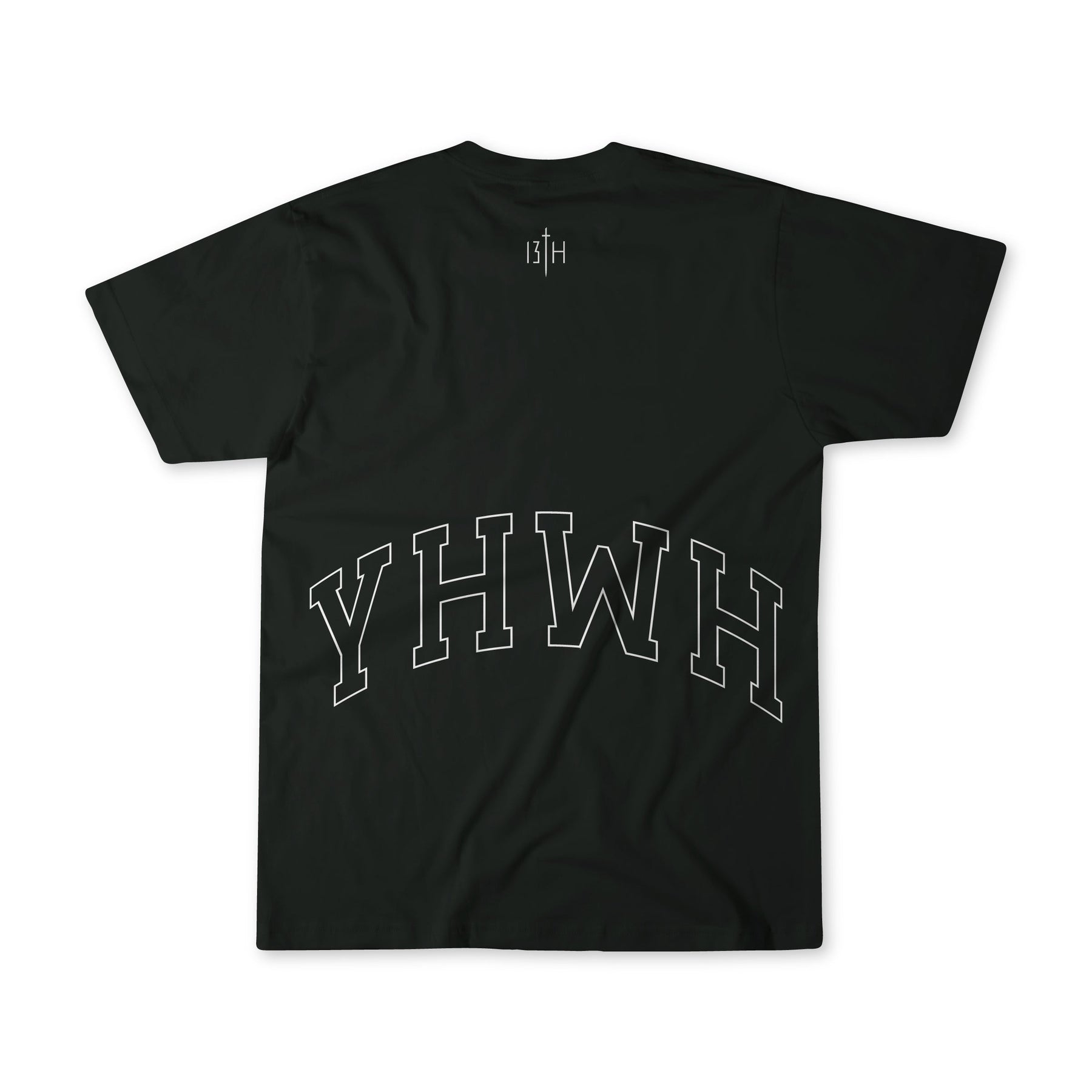 The YHWH - Premium Oversized Tee by 13th features large outlined YHWH lettering on the back, a small 13TH logo near the neck, and is crafted from premium cotton for comfort and bold, faith-inspired style drawn from Psalm 98:4-6.