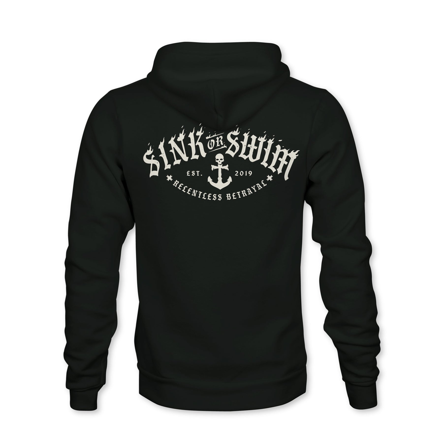 The Dark Waters SOS Hoodie by Relentless Betrayal features a bold white "SINK OR SWIM EST. 2019 RELENTLESS BETRAYAL" graphic and anchor on the back. This unisex cotton-polyester hoodie delivers comfort and standout style.