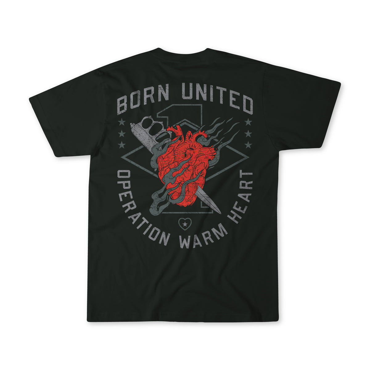 The Operation Warm Heart - Black tee by Born United Private Label features a red heart wrapped in barbed wire and dog tags, Born United and Operation Warm Heart text, shield and stars. Limited Edition—show your support for Americas heroes.