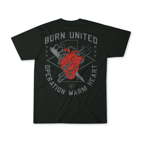 The Operation Warm Heart - Black tee by Born United Private Label features a red heart wrapped in barbed wire and dog tags, Born United and Operation Warm Heart text, shield and stars. Limited Edition—show your support for Americas heroes.