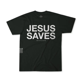 The 13th Youth Jesus Saves Black Tee features bold white "JESUS SAVES" text on the back, smaller "thirteenth" lettering with a Bible verse reference below, and additional text on the lower left side.
