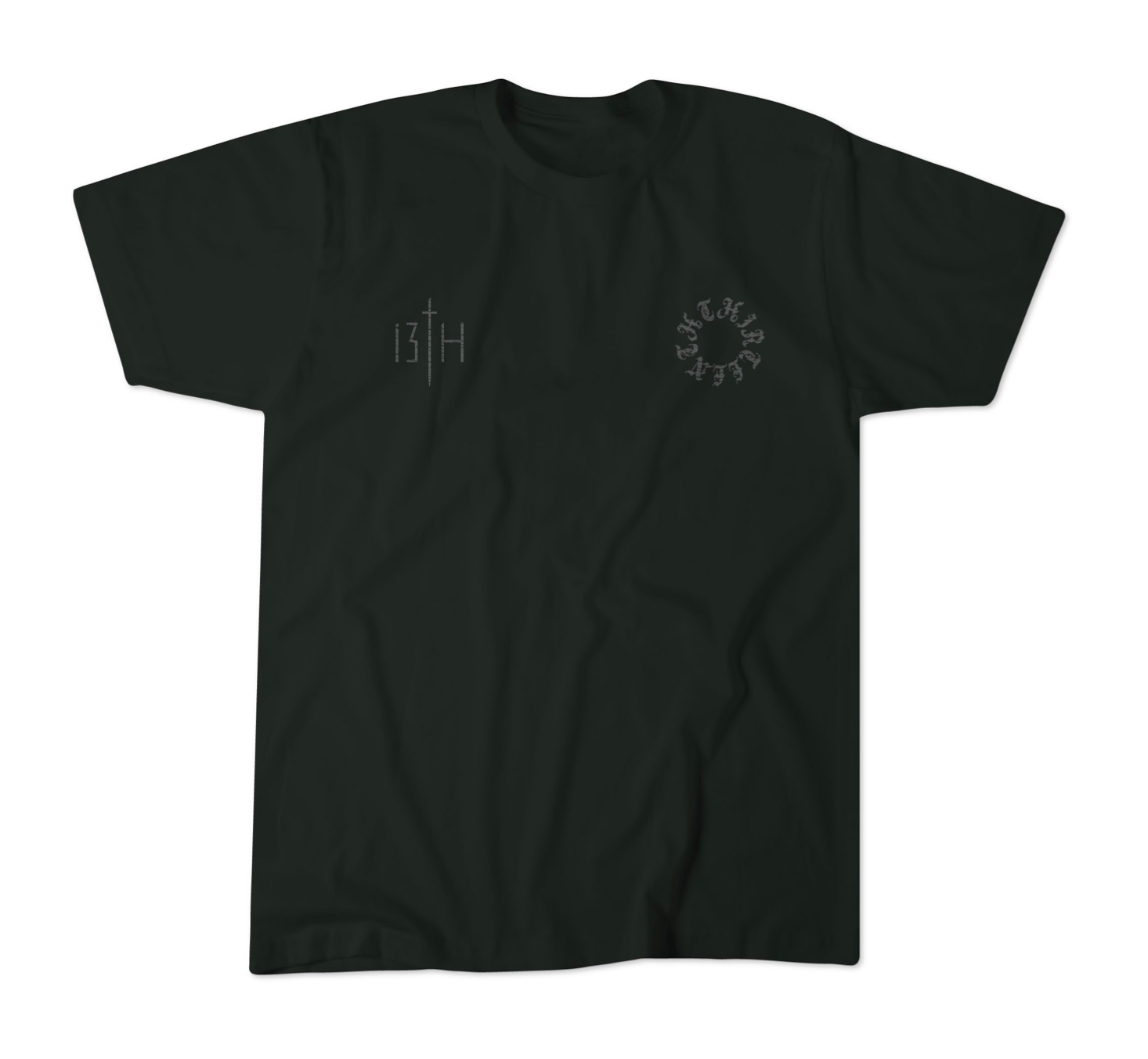 The 13th Victorious Dawn Premium Tee is a black shirt with a small vertical 13TH sword graphic (spiritual strength) on the left chest and a circular cryptic letter design on the right, shown laid flat on a white background.