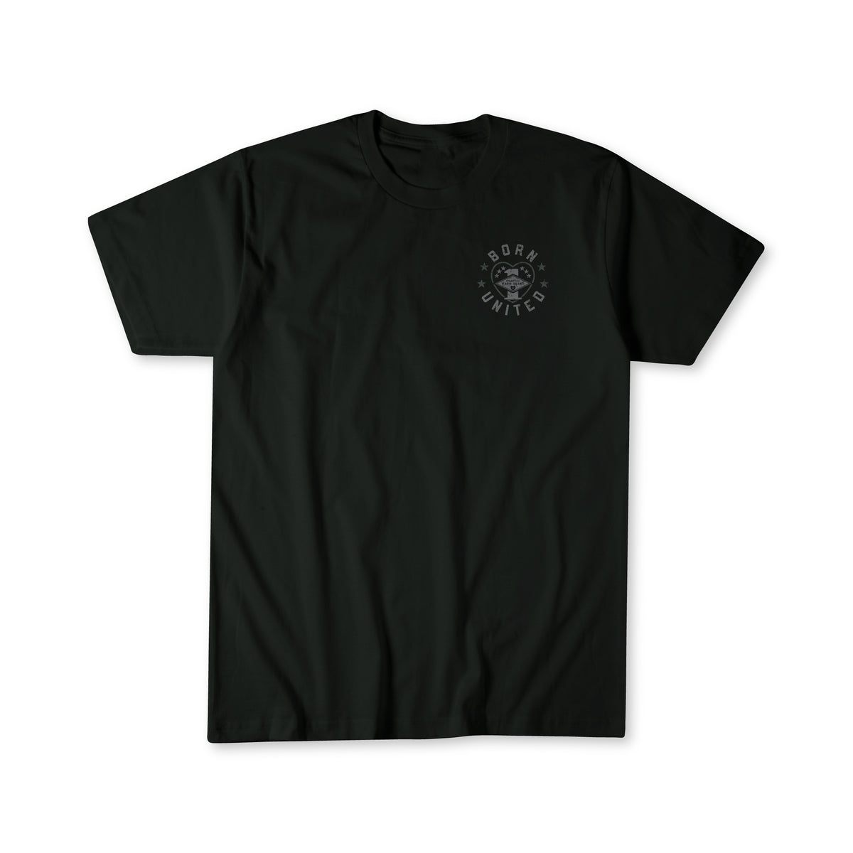 Show your support for America’s heroes with the Operation Warm Heart - Black tee by Born United Private Label. This exclusive black shirt features a small circular “Born United” logo graphic on the left chest, shown here on a white background.