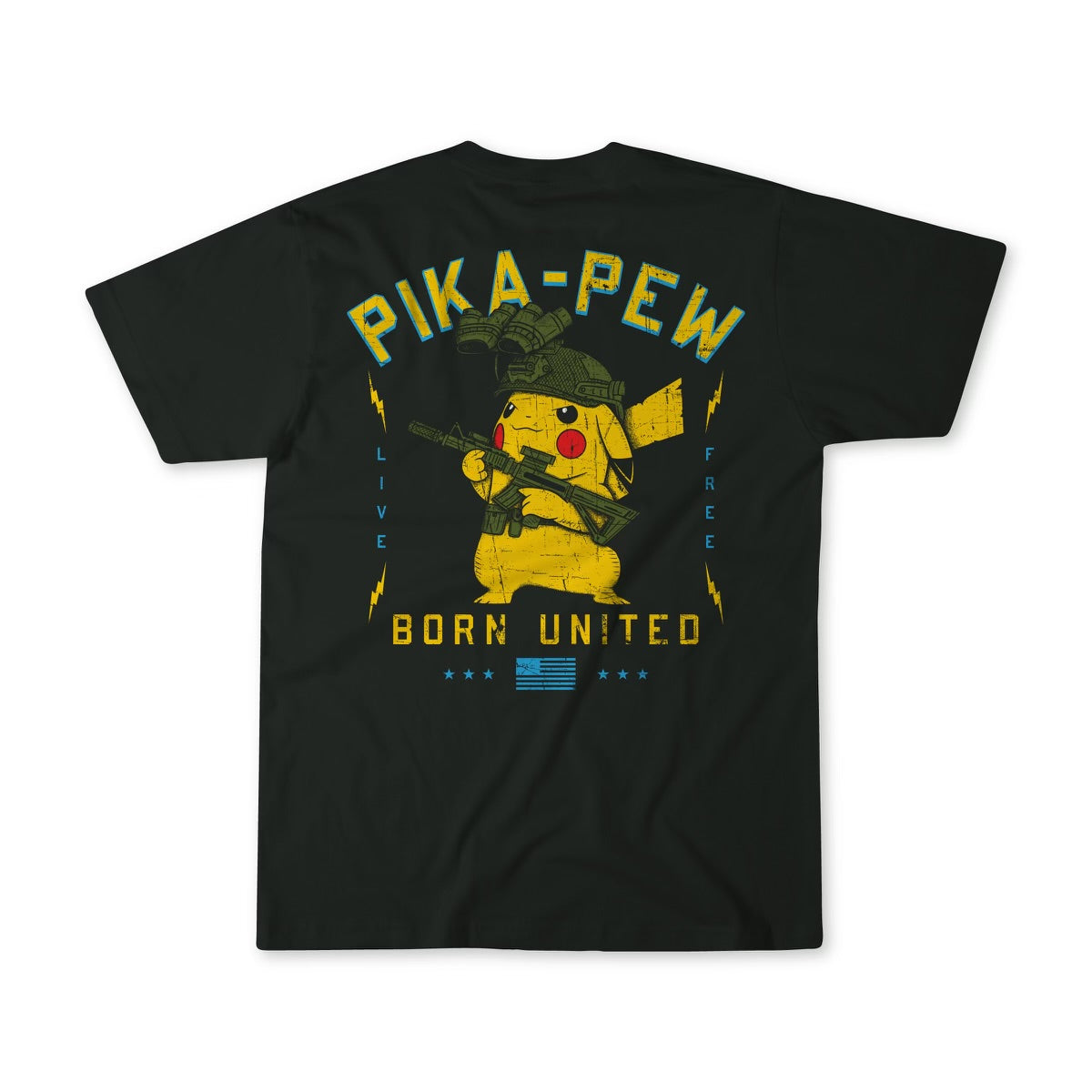 A green t-shirt from Born United Private Label named Pika-Pew has a cartoon character in military gear with a gun and the text LIVE FREE BORN UNITED. An American flag is featured below.